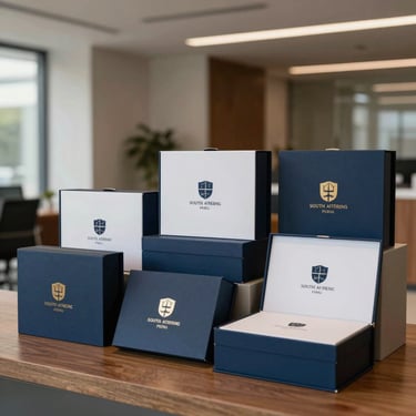 A collection of corporate gift boxes with company logos, professional and elegant, set in a modern South American / Peruvian office lobby.