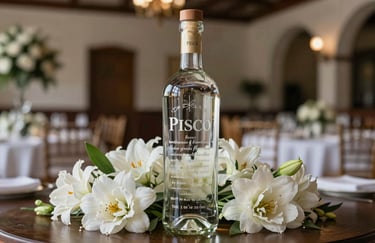 Laser-engraved Pisco bottle with a personalized message for a wedding, surrounded by white flowers in a South American / Peruvian luxury venue.