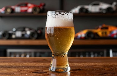 Close-up of a premium craft beer glass with condensation, sitting on a wooden bar counter with a blurred background of motorsport memorabilia.