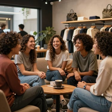 A group of diverse enthusiasts laughing and talking in a modern lounge area of a South American / Brazilian shop, wearing urban lifestyle apparel.