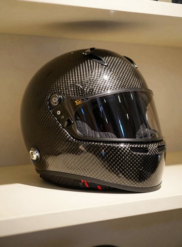 Detail shot of a carbon fiber racing helmet displayed on a champagne-colored shelf with soft spotlighting.