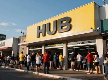 The vibrant storefront of Hub Interlagos during a race event, with people gathering outside under a clear South American / Brazilian sky.
