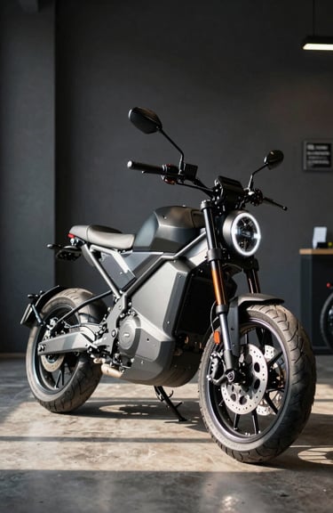 A sleek, modern electric motorcycle parked inside a showroom with industrial dark charcoal walls in a South American / Brazilian setting, morning light hitting the metallic frame.