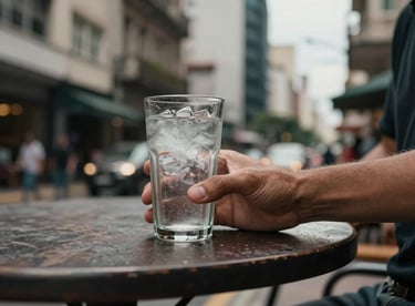 A person's hands holding a cold glass of chopp while leaning against a high table in a stylish South American / Brazilian urban hub.