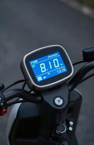 Close-up of an electric bike's digital dashboard glowing with slate blue and silver light in a dark environment.