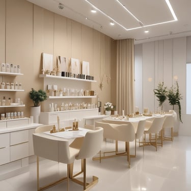 Interior de salón de belleza moderno con mobiliario minimalista y exhibición de skincare de lujo