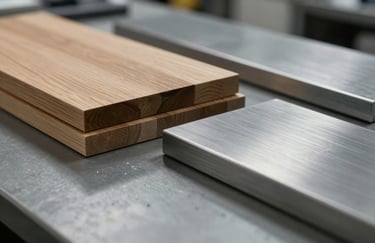 Close-up of premium raw materials in a North American workshop, including high-grade oak and brushed steel, cool gray lighting, professional depth of field.