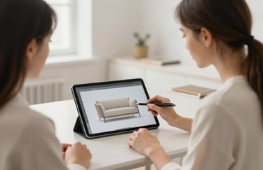 A designer in a bright North American studio using a digital tablet to show furniture renders to a client, sophisticated and inviting atmosphere, soft pearl colors.