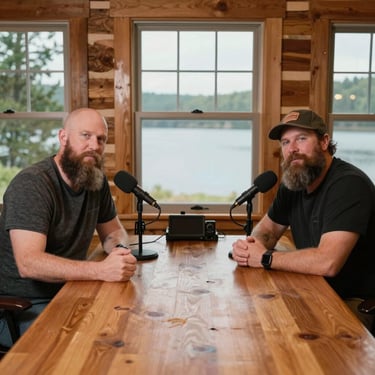 The two podcast hosts smiling by a serene green lake with fishing gear.