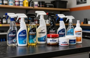 A collection of high-end automotive detailing products, including spray bottles and ceramic coating jars, arranged neatly on a dark workbench in a North American professional garage.