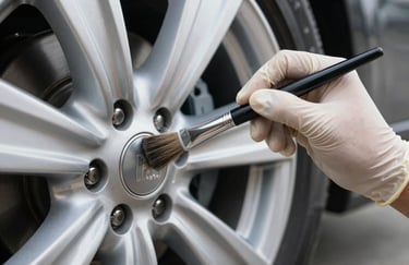 A close-up shot of a professional hand in a nitrile glove using a fine brush to clean the intricate details of a car's silver alloy wheel rim, North American setting.