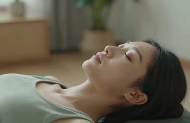 A detail shot of a person practicing breathing exercises in a calm room. The soft sage lighting creates a tranquil atmosphere.