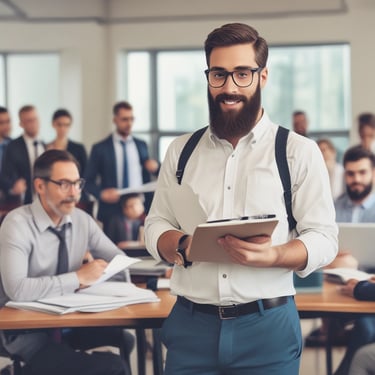 Group of employees attentively participating in a fire safety training session with a professional instructor.
