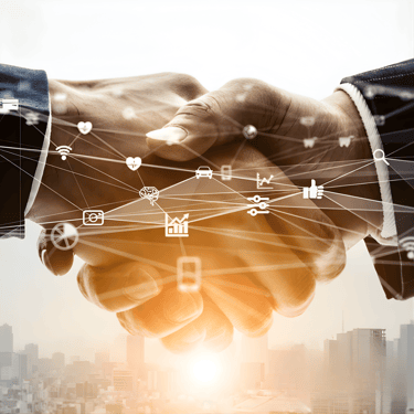 Professional handshake with digital network icons overlay representing global business connectivity and technology