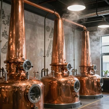 A sophisticated brewery interior with copper stills and mist sage accents on the walls, warm lighting.