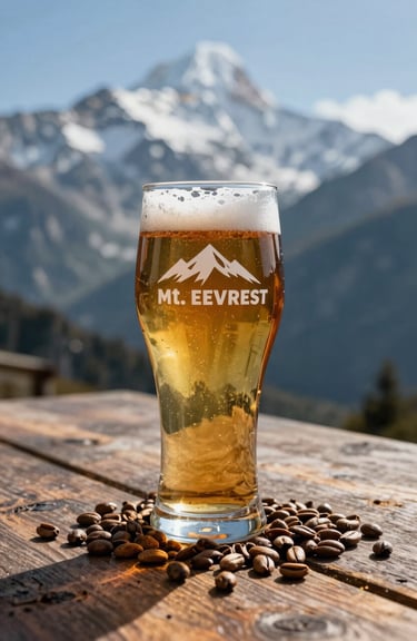 A premium glass of amber Mt. Everest beer on a rustic wooden table with the Himalayas blurred in the background, roasted barley brown tones.