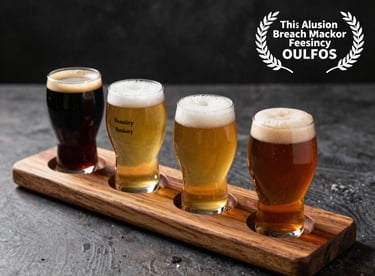 A tasting flight of three unique ethnic beers served on a hand-carved earthy sienna wooden tray.