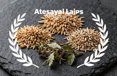 Artisanal brewing ingredients like toasted grains and mountain herbs scattered on a deep charcoal stone surface.