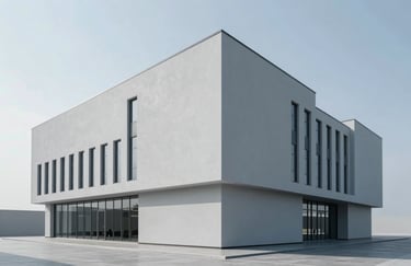A high-quality 3D architectural rendering of a minimalist office building with clean lines and light blue-grey surfaces, demonstrating modern design capabilities.