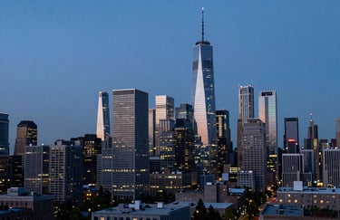 A sprawling view of a modern North American skyline at dusk, with the lights of the city mirroring the colors of steel blue and dark navy.