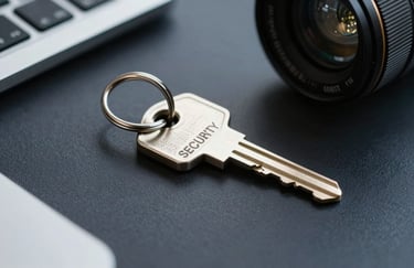A high-detail photograph of a security key on a dark navy desk in a North American corporate environment, symbolizing physical and digital security.