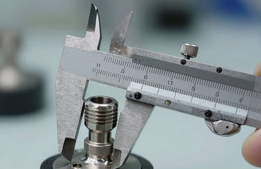 A macro shot of a precision measurement tool (caliper) measuring the diameter of a polished steel valve stem. Colors include steel gray and #3C5F7F.