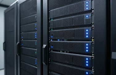 A clean, technical photo of high-end server racks in a data center with subtle sky blue glowing indicators, representing technical reliability.