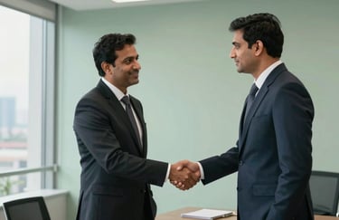 Two professional South Asian / Indian colleagues shaking hands in a high-rise office with a city view and soft sage green walls.
