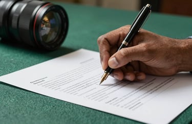 Close-up of a professional South Asian / Indian hand using a fountain pen to sign a contract, set against a rich forest green desk mat.