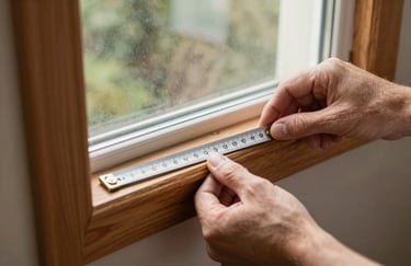 Hands of a professional using a silver measuring tape on a high-quality wooden window frame in a North American home. The image conveys precision and personalized service.