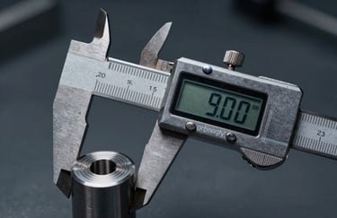 Close-up of a digital caliper measuring a metal part, professional industrial aesthetic, dark charcoal and deep slate palette, sharp focus.