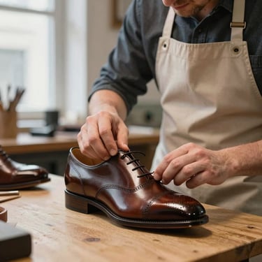 A professional photograph of a craftsman in a light-colored apron polishing a classic leather brogue shoe to a mirror shine in a bright Halmstad workshop.