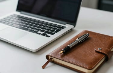 A professional desktop setup in a North American office featuring a laptop, a sleek fountain pen, and a leather-bound notebook. The atmosphere is professional and sophisticated with cool daylight.