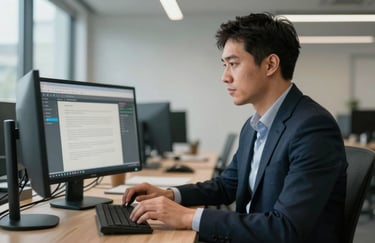 A confident professional sitting in a modern Spokane office, looking at a digital screen with a sense of accomplishment.