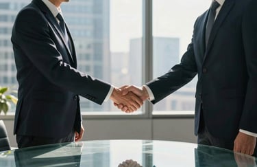 Two professionals in contemporary attire shaking hands in a high-rise office in a North American city, soft morning light illuminating a modern glass table.