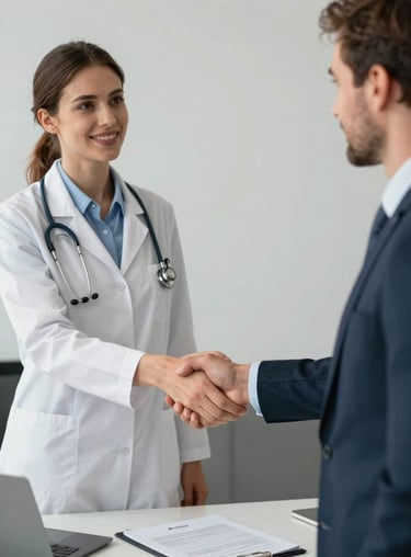 Two professionals in a corporate healthcare setting shaking hands over a signed sponsorship agreement. North American / European.