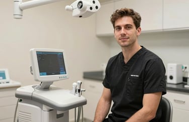 A dentist in a high-tech clinic standing next to premium healthcare equipment, looking professional and trustworthy. Off-white and charcoal black aesthetic, North American / European.