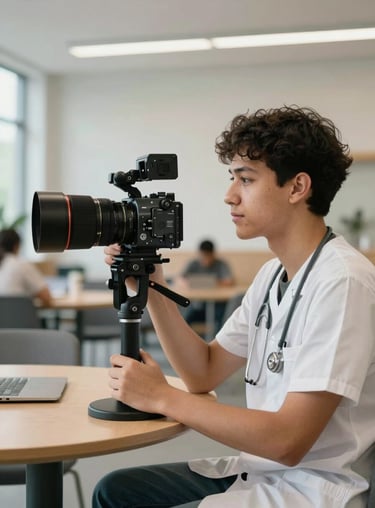 A healthcare student in a bright, modern university lounge recording educational content with high-end equipment. North American / European.