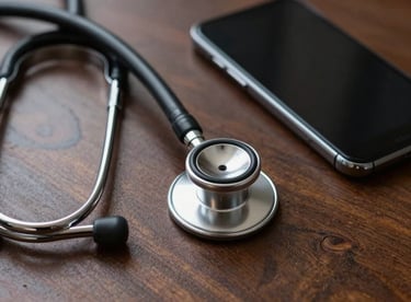 Close-up of a high-quality stethoscope resting on a polished dark wood desk next to a sleek smartphone. North American / European.