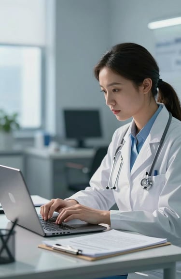A professional physician in a modern, sunlit medical office reviewing a partnership contract on a laptop. Soft blue lighting, North American / European setting.