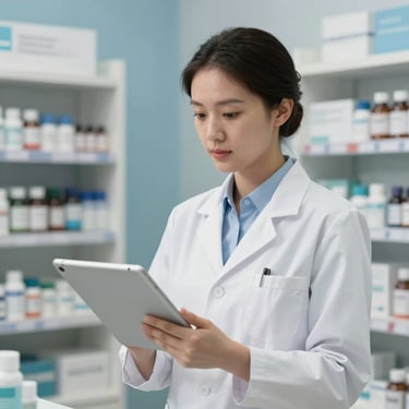 A pharmacist in a sleek, minimalist apothecary setting with soft blue accents, holding a professional tablet. North American / European.