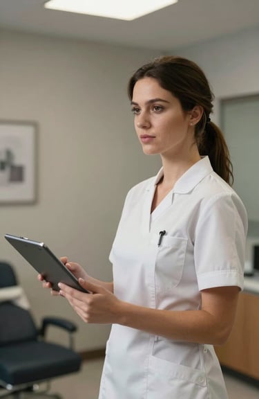 A nurse practitioner in a high-end consultation room, holding a digital media kit, soft professional lighting. North American / European.
