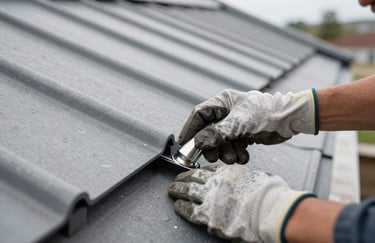 A detailed close-up photography of a roofer's hands in safety gloves precisely installing a metal flashing detail on a modern roof. Clear, high-definition professional style.