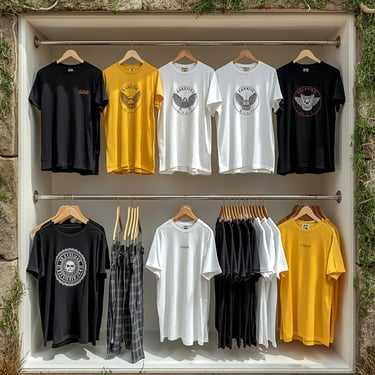 Clothing display featuring graphic t-shirts in black, white, and yellow on hangers and shelves.