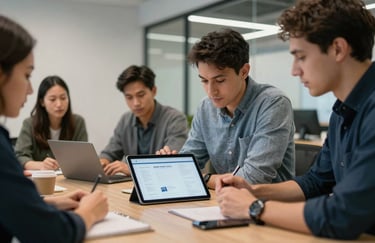 A group of tech professionals in a collaborative meeting room in a US-based startup office, focusing on a tablet display with an air of innovation.