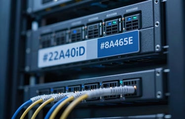A close-up of a high-speed fiber-optic data server rack with glowing lights, signifying technological efficiency and digital security in #2A405D and #8FA6BE tones.