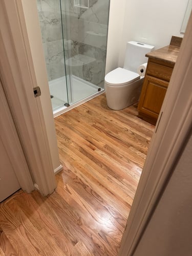 Bathroom Remodel with new plumbing fixtures, skirted modern toilet, large format porcelain tiles.