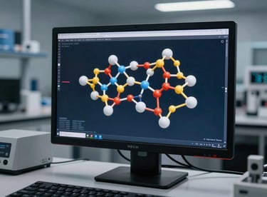 An advanced protein-folding simulation displayed on a high-resolution monitor in a dark navy blue themed North American / US lab space.