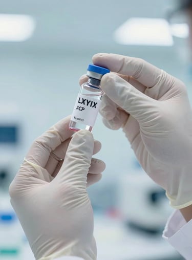 Detail shot of a scientist’s hands in white gloves handling a medical vial in a bright North American / US lab, with a soft sky blue backdrop.