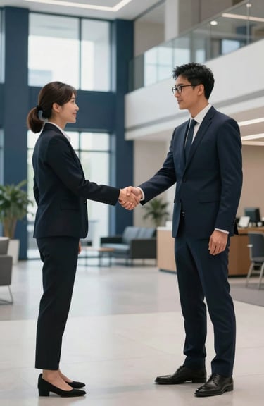 Two professionals shaking hands in a bright, modern North American / US office lobby with pale mist grey-white floors and dark navy blue accents.